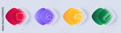 Food set icon. Egg, omelet, fried eggs, shawarma, pita bread, bread, cut, hot dog, fast food, junk food, gradient, yolk, white, delicacies, unusual food. Glassmorphism style.