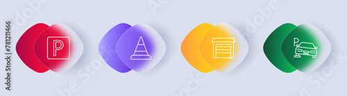 Tax set icon. Garage, check, invoice, machine, car, parking, pitstop, P, gradient, silhouette, flat design, man, wheelchair, sign, design, interface. Glassmorphism style.