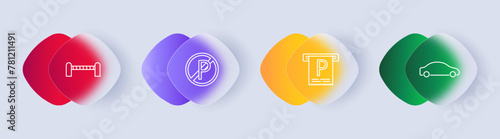 Tax set icon. Garage, check, parking ban, machine, car, parking, pitstop, P, gradient, silhouette, flat design, stop, fencing, barrier, sign, design, interface. Glassmorphism style.
