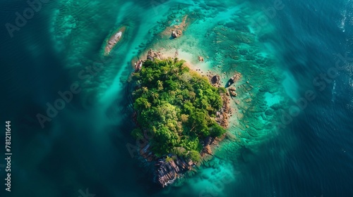 Drone photo capturing an isolated island surrounded by crystal-clear waters  lush tropical vegetation