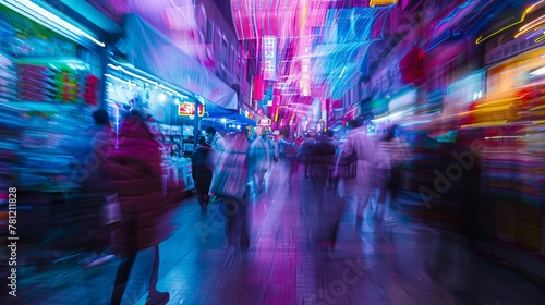 AI android walking through a neon-lit market street in a cyberpunk city, people and stalls blurred in motion