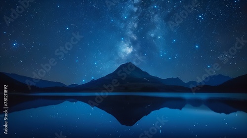 Mountain peak under star-filled sky reflecting in a lake. Nighttime wilderness landscape.