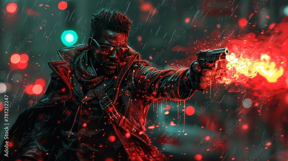 A dark red skinned shadowrun character in the rain shooting at an enemy, with fire coming out of his hands and mouth in the style of a video game art style