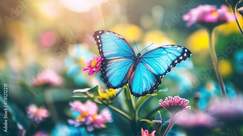 Butterfly with beautiful blue wings flying in the flower garden in the sun © Fajar