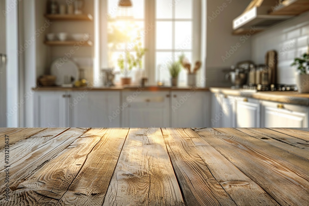 Bright and clean wood table top, blurred kitchen interior, ready for product placement Bright and clean wood table top, blurred kitchen interior, ready for product placement
