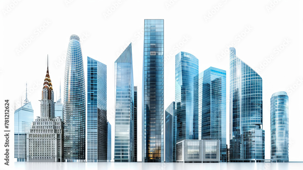 Collection of contemporary buildings, towering isolated on white, clear bright light