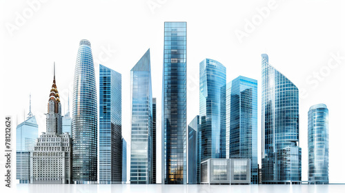 Collection of contemporary buildings, towering isolated on white, clear bright light