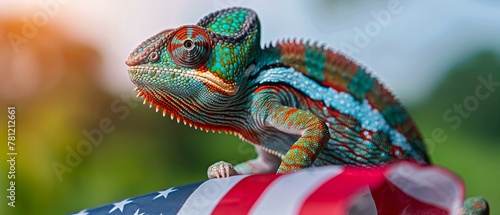 Chameleon holding American flag. Patriotism and national pride concept. Design for Fourth of July