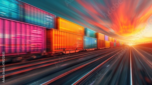 Highspeed freight train with vibrant intermodal containers, emphasizing swift delivery