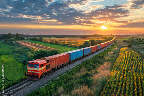 Long freight train with containers winding through a rural landscape, signifying connectivity