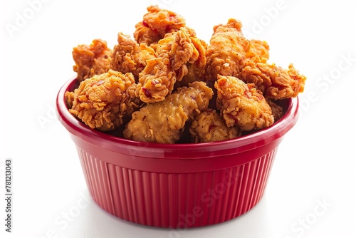 Spicy chicken strips in red bucket, vibrant against white background, crispy texture
