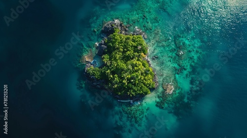 Drone photo capturing an isolated island surrounded by crystal-clear waters, lush tropical vegetation