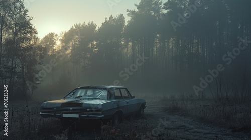 An abandoned car on a foggy road at dawn, the surrounding forest looming, evoking a sense of suspense and foreboding © Rassul