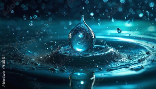 water drop with droplet and rings on surface bluish background