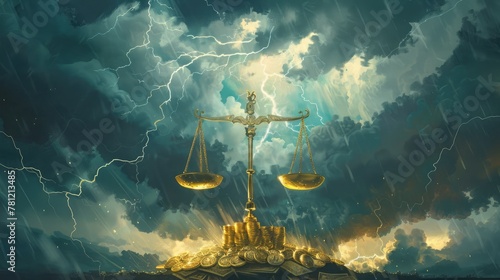 Stormy skies over scales balancing gold coins and loan papers, symbolizing the risk-reward of private credit investments.
