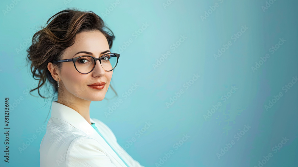 Turkish businesswoman in 40s, on pastel blue background Turkish businesswoman in 40s, on pastel blue background