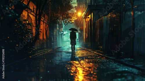 Lonely figure standing in a rain-soaked alleyway, dim streetlights casting long shadows
