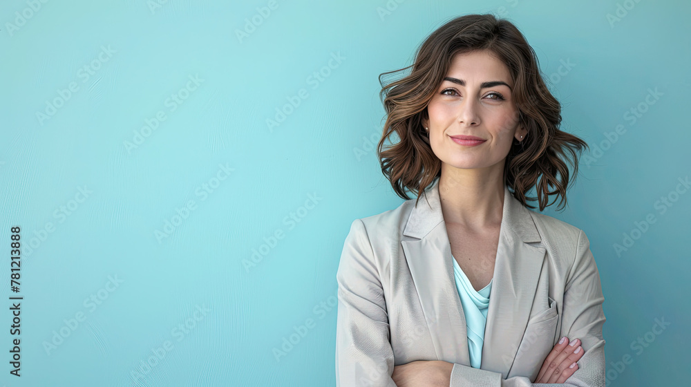 Turkish businesswoman in 40s, on pastel blue background Turkish businesswoman in 40s, on pastel blue background