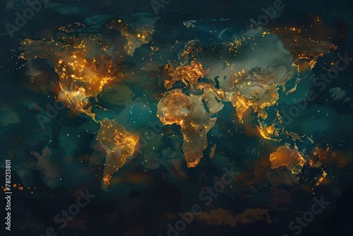 Illuminated world map showcasing post-pandemic economic recovery, supply chains, and consumer spending patterns.