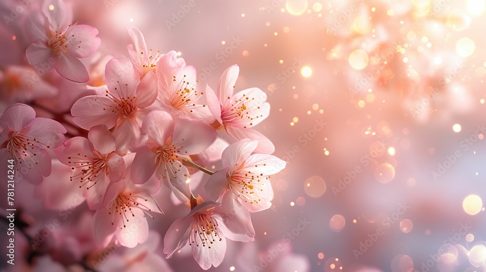 Cherry Blossoms Close-up, Soft Pink Hues, Springtime Bloom with Bokeh Background with Copy Space