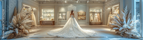 Elegant Bridal Boutique with Soft Focus on Gowns and Accessories photo