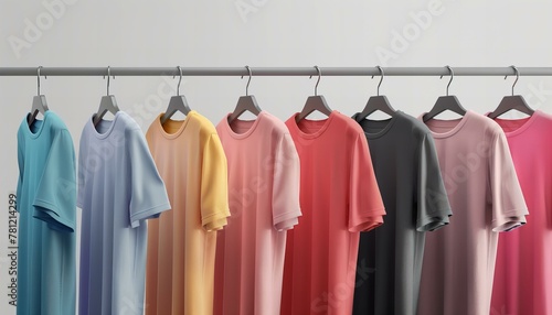 Assorted t-shirts on hangers with pastel colors. Fashion and retail. Design online clothing store