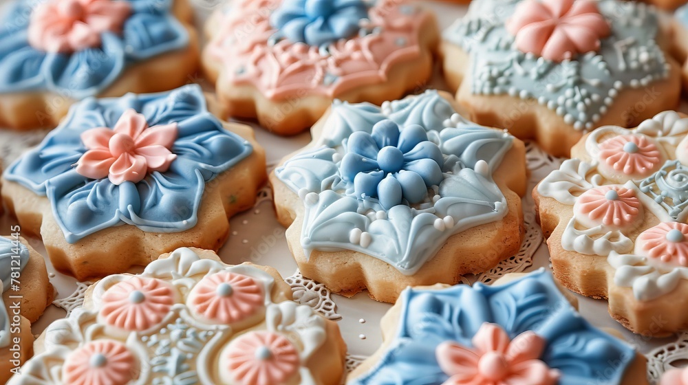 Decorated cookies with royal icing. Baking and confectionery concept. Design for bakery brochure Decorated cookies with royal icing. Baking and confectionery concept. Design for bakery brochure