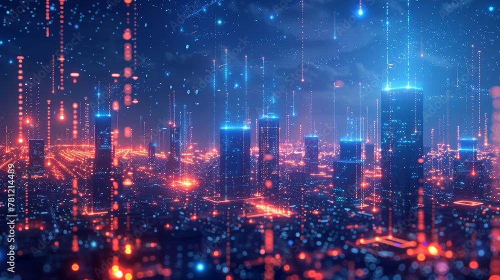 A network of glowing data streams enveloping smart city skyscrapers, illustrating a connected future