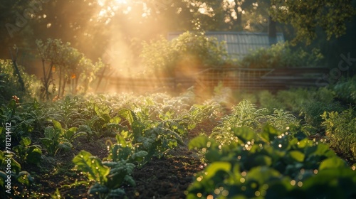 A lush vegetable garden at sunrise, dew on leaves glistening, promising a bounty of fresh produce