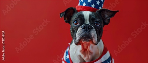 Dog wrapped in an American flag. Patriotic and national pride concept. Design for Fourth of July