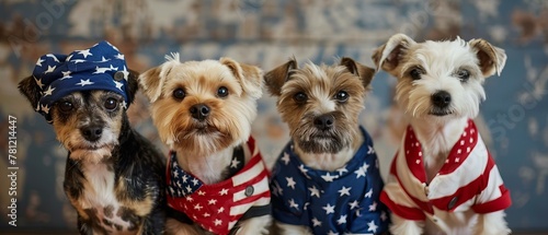 Dogs dressed in patriotic American flag apparel. Pet fashion and national celebration concept.