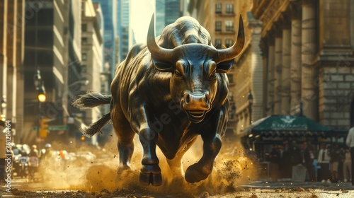 A majestic bull charging forward across a financial district, symbolizing a strong bull market