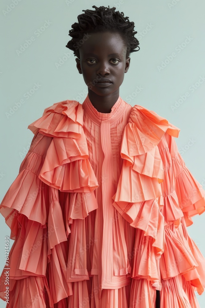 A woman in a pink dress with ruffles is standing in front of a white wall