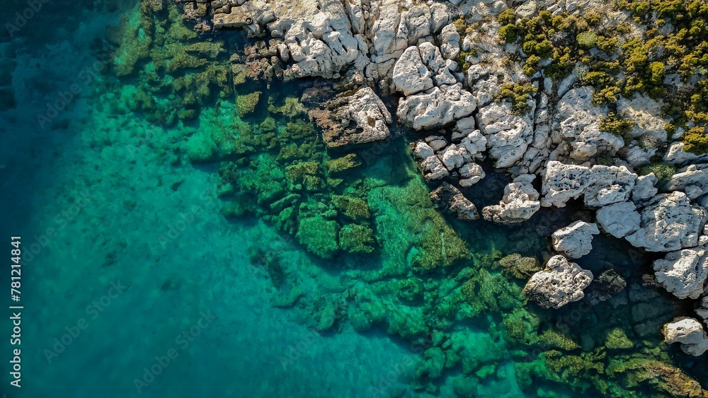 Aerial top view of rocks covered with greenery against a turquoise sea