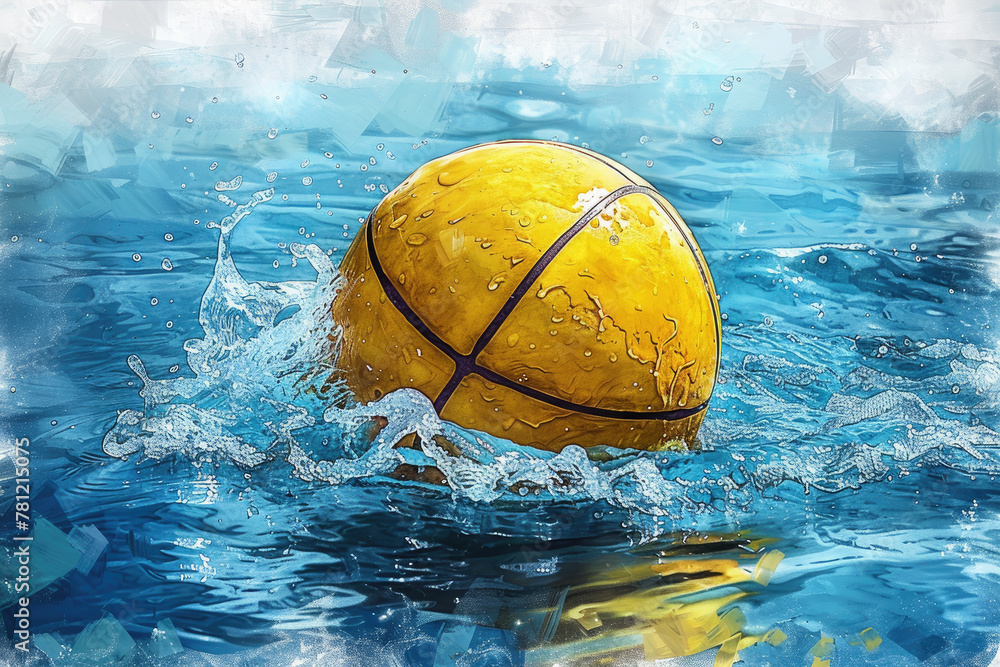 A water polo ball floats in the water. Water polo