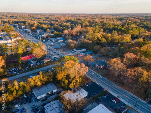 Aerial landscape of Glenwood Avenue during fall at sunset in Decatur Atlanta Georgia