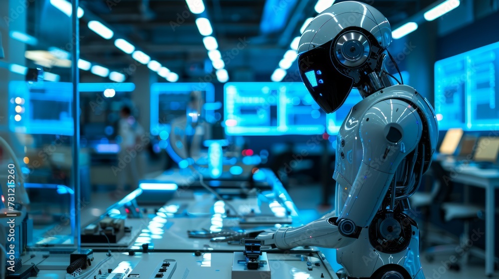 Sleek, humanoid AI robot in a futuristic lab, surrounded by advanced technology