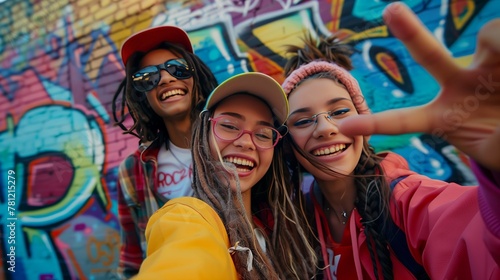 Group of teenagers taking a selfie, vibrant clothing, diverse expressions of joy and friendship