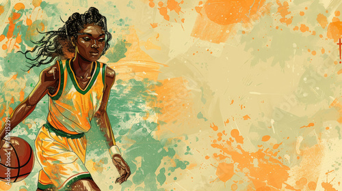 A woman in a yellow jersey is playing basketball