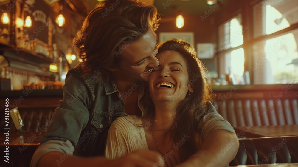 Young couple laughing together in an old cafe Young couple laughing together in an old cafe