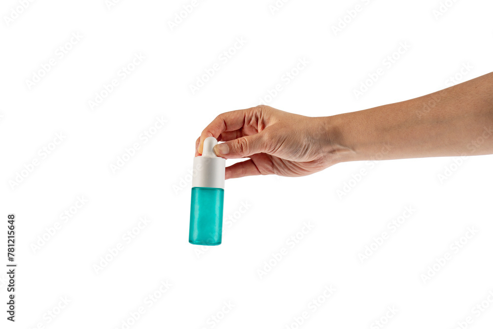 Blue glass cosmetic bottle in hand, Skin care or sunscreen cosmetic on transparent background. Blue glass cosmetic bottle in hand, Skin care or sunscreen cosmetic on transparent background.