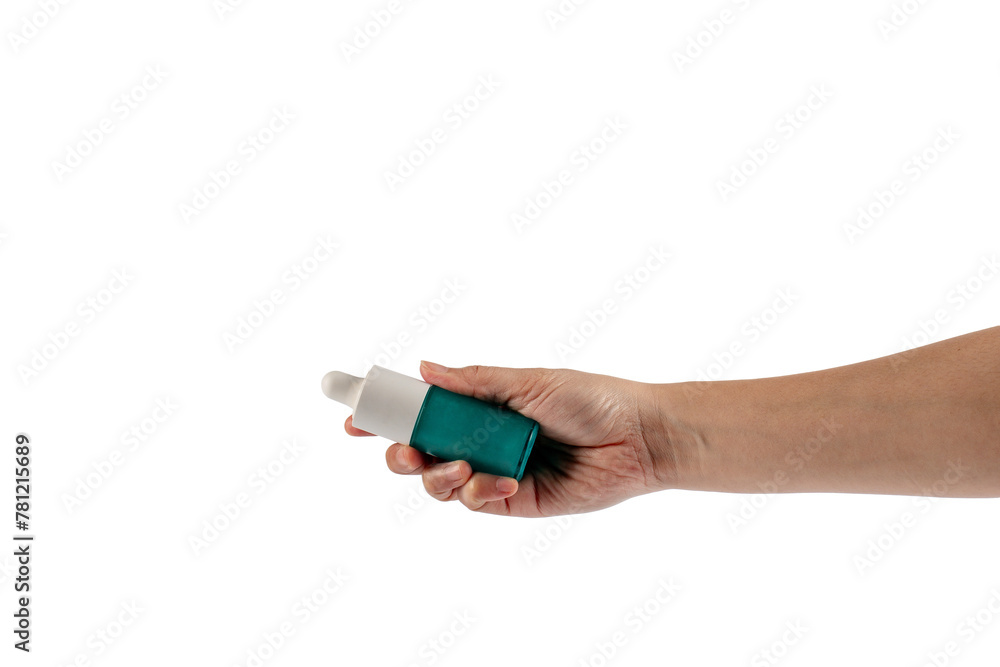 Blue glass cosmetic bottle in hand, Skin care or sunscreen cosmetic on transparent background.