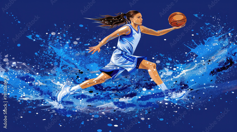 A woman is playing basketball in the water