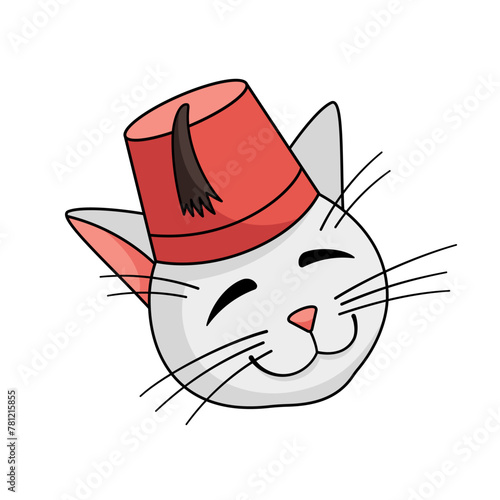 Turkish angora cat character wearing Turkish fez Vector illustration. Cat in a fez. Head of cat. Vector illustration isolated on white background.