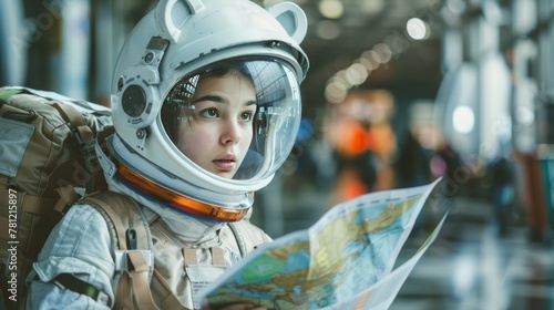 a cute retro futuritic space girl wearing an astronaut space helmet with bear ears on it photo