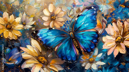 colorful blue tropical morpho butterfly on delicate flowers painted with oil paint