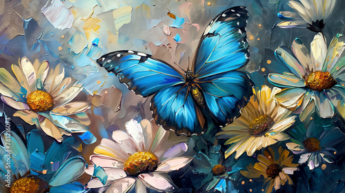 colorful blue tropical morpho butterfly on delicate flowers painted with oil paint