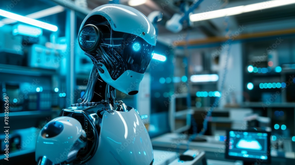 Sleek, humanoid AI robot in a futuristic lab