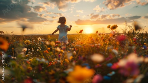 Child running through a field of wildflowers, sunset in the background