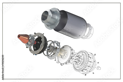 3D project of a jet engine with an exploded view.